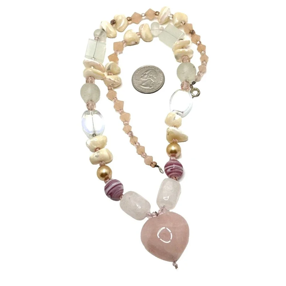 Rose Quartz Heart Pendant Necklace Stone Shell Glass Beaded Boho Statement 24
